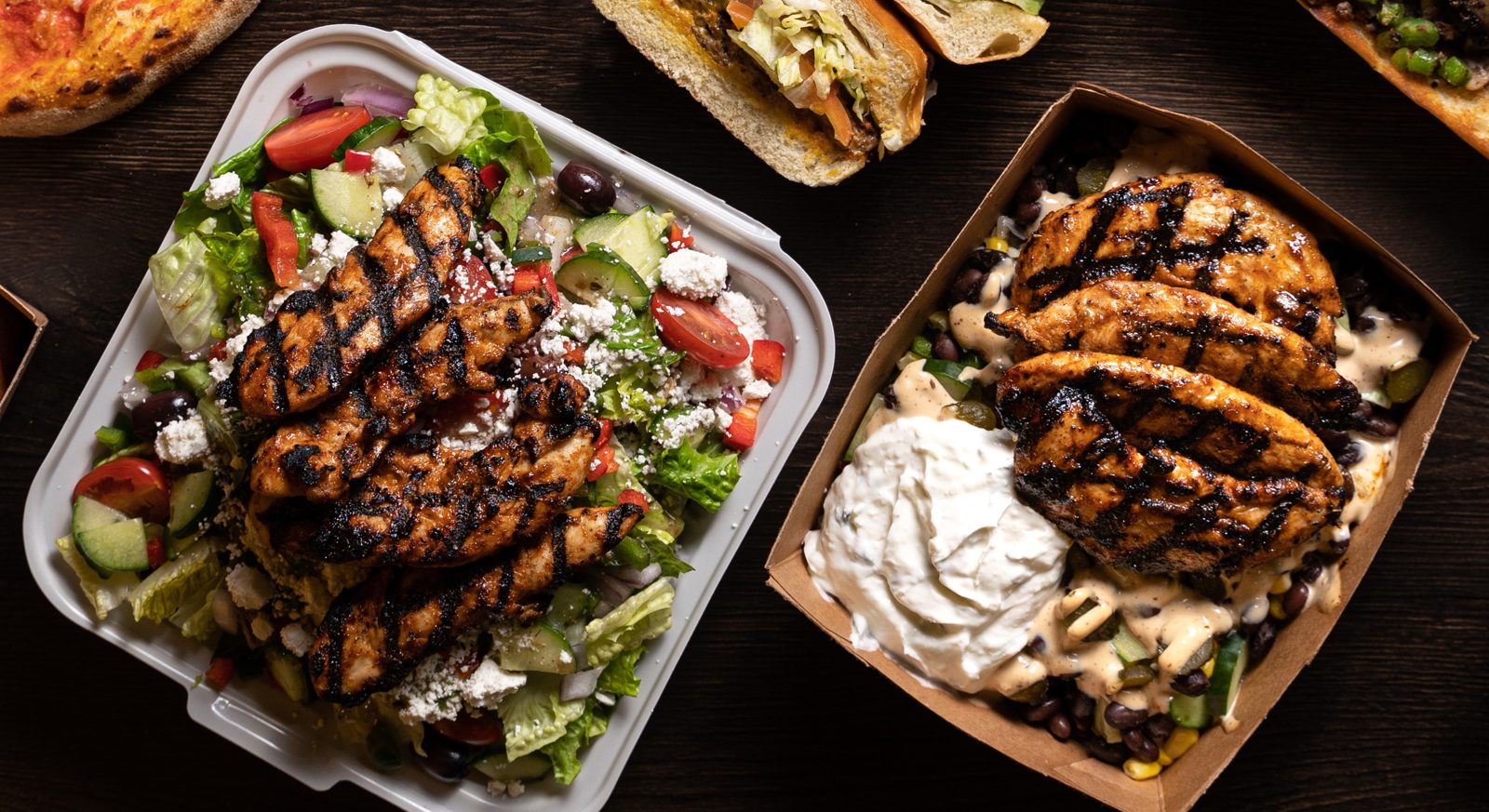 Grilled chicken over a Greek salad and a chicken platter with garlic sauce