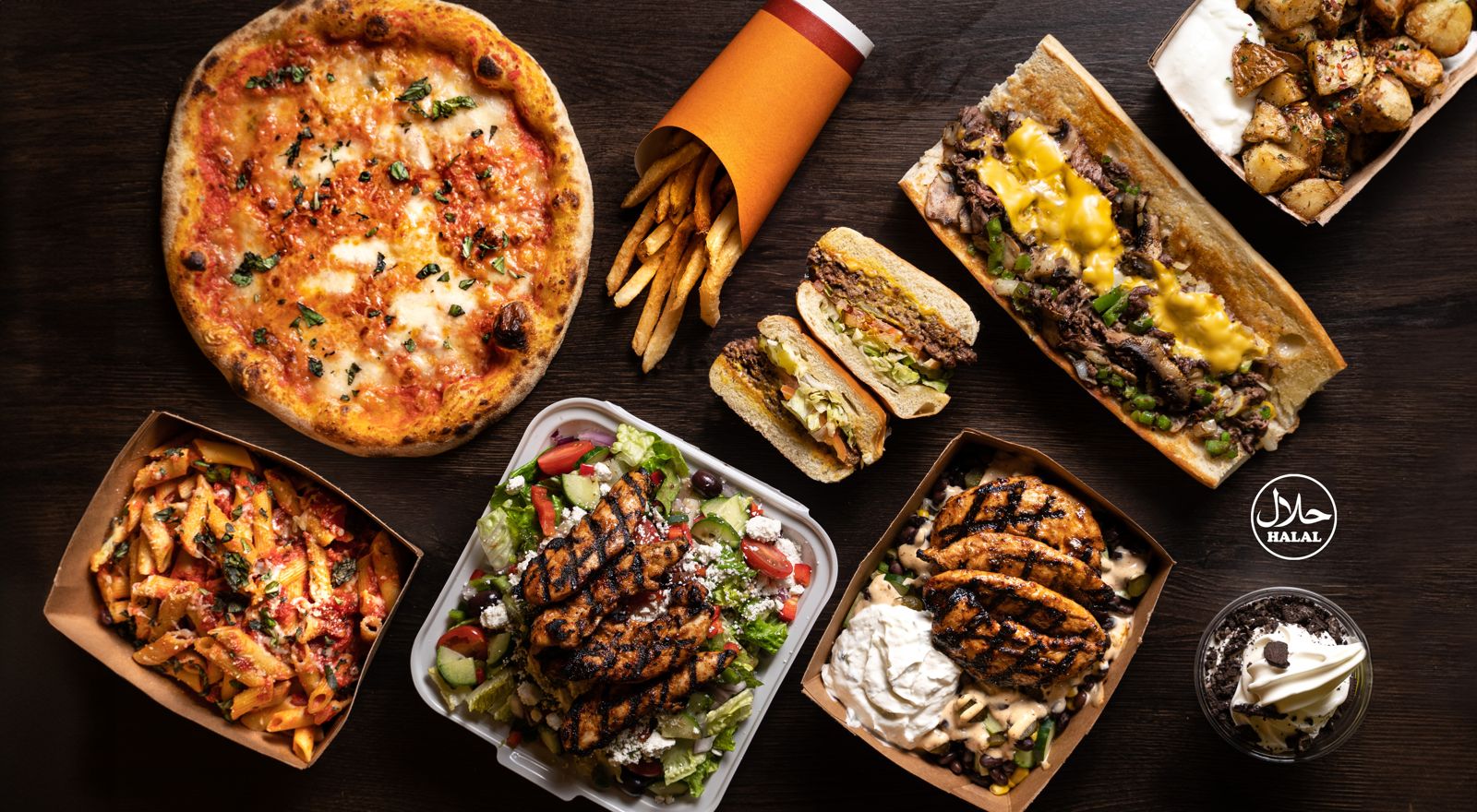 Pizza, a Philly cheesesteak, pasta, grilled chicken, salads, fries and dessert from Marcello's