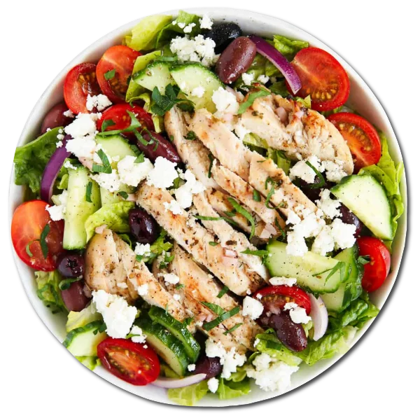 Greek chicken salad with feta, olives and tomatoes